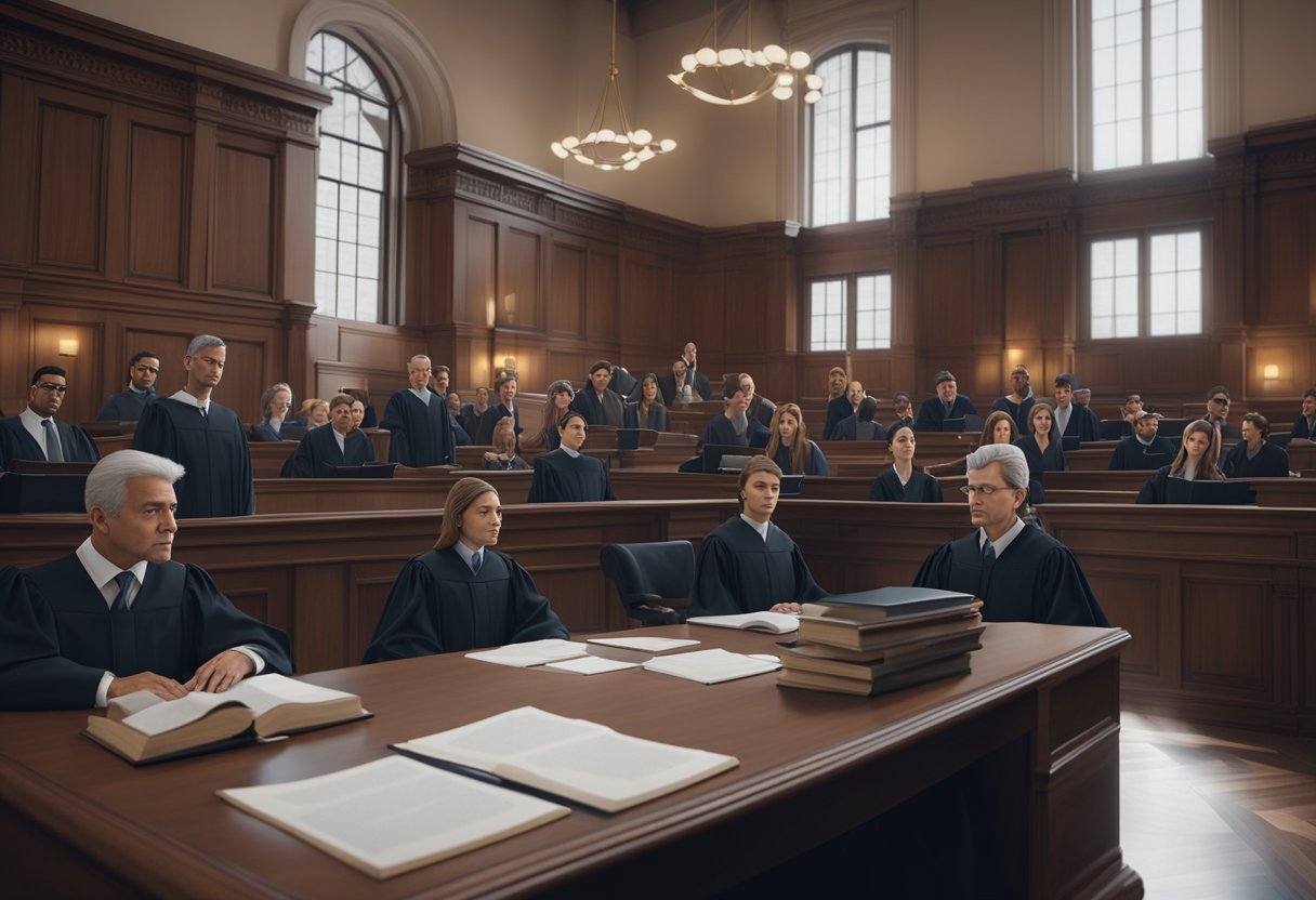 A courtroom with a judge, lawyers, and a defendant under 18. Books and legal documents scattered on the table. Serious expressions on everyone's faces